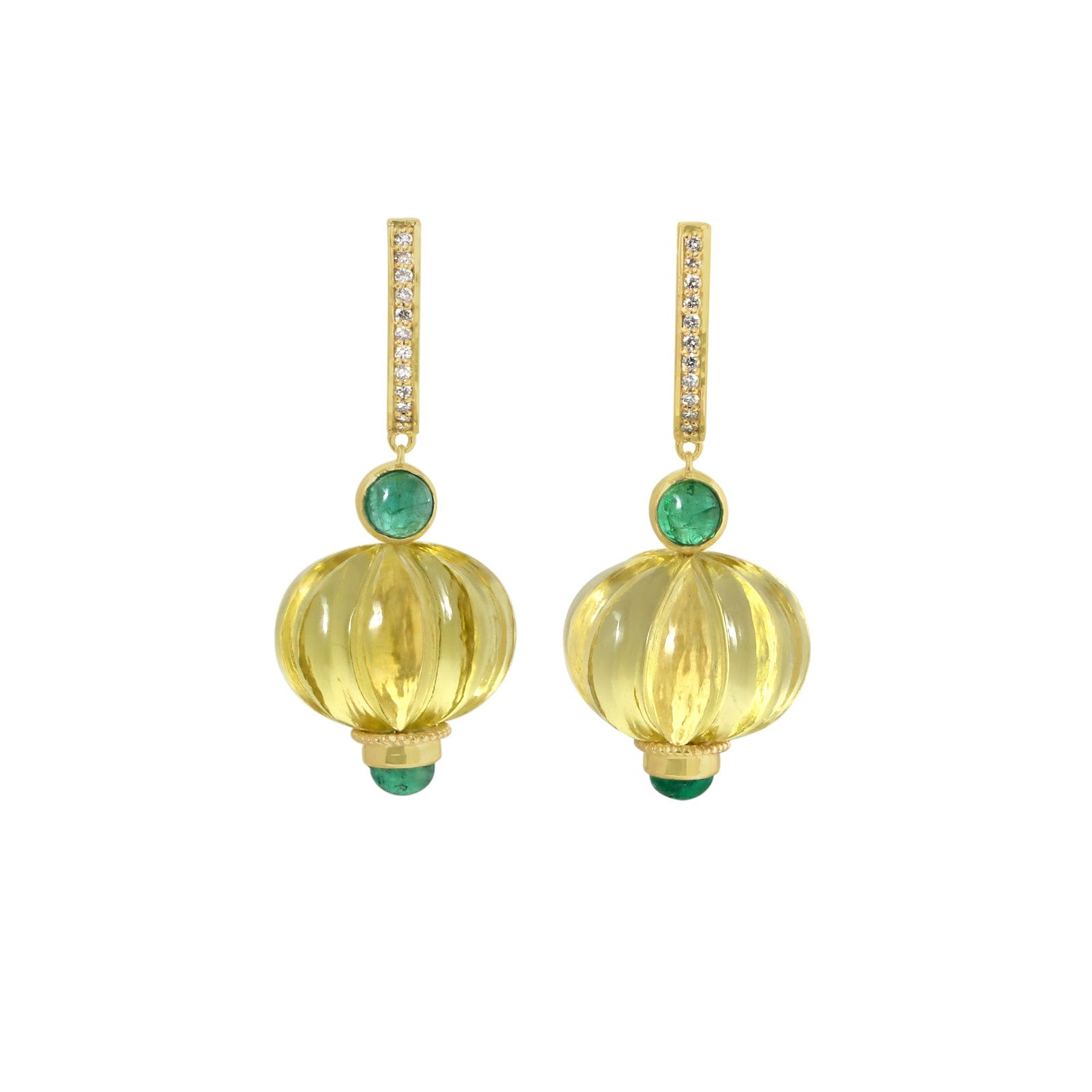 Carved lemon quartz lantern drop earrings with emerald cabochons and pavé diamond bar in 14K gold | Ulka Rocks