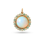 Ethiopian opal pendant with emerald and baguette diamond halo in 14K gold | Ulka Rocks