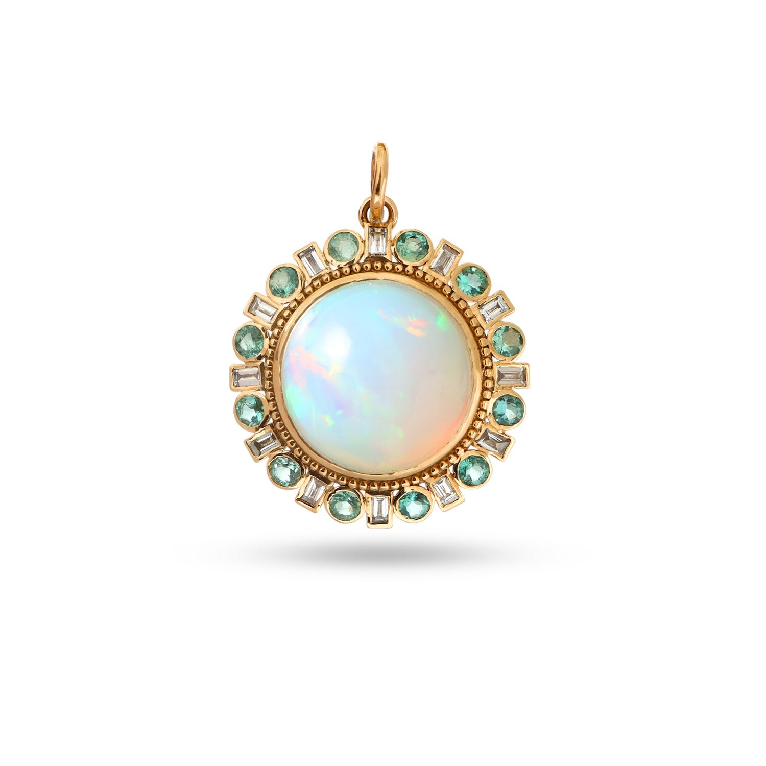 Ethiopian opal pendant with emerald and baguette diamond halo in 14K gold | Ulka Rocks