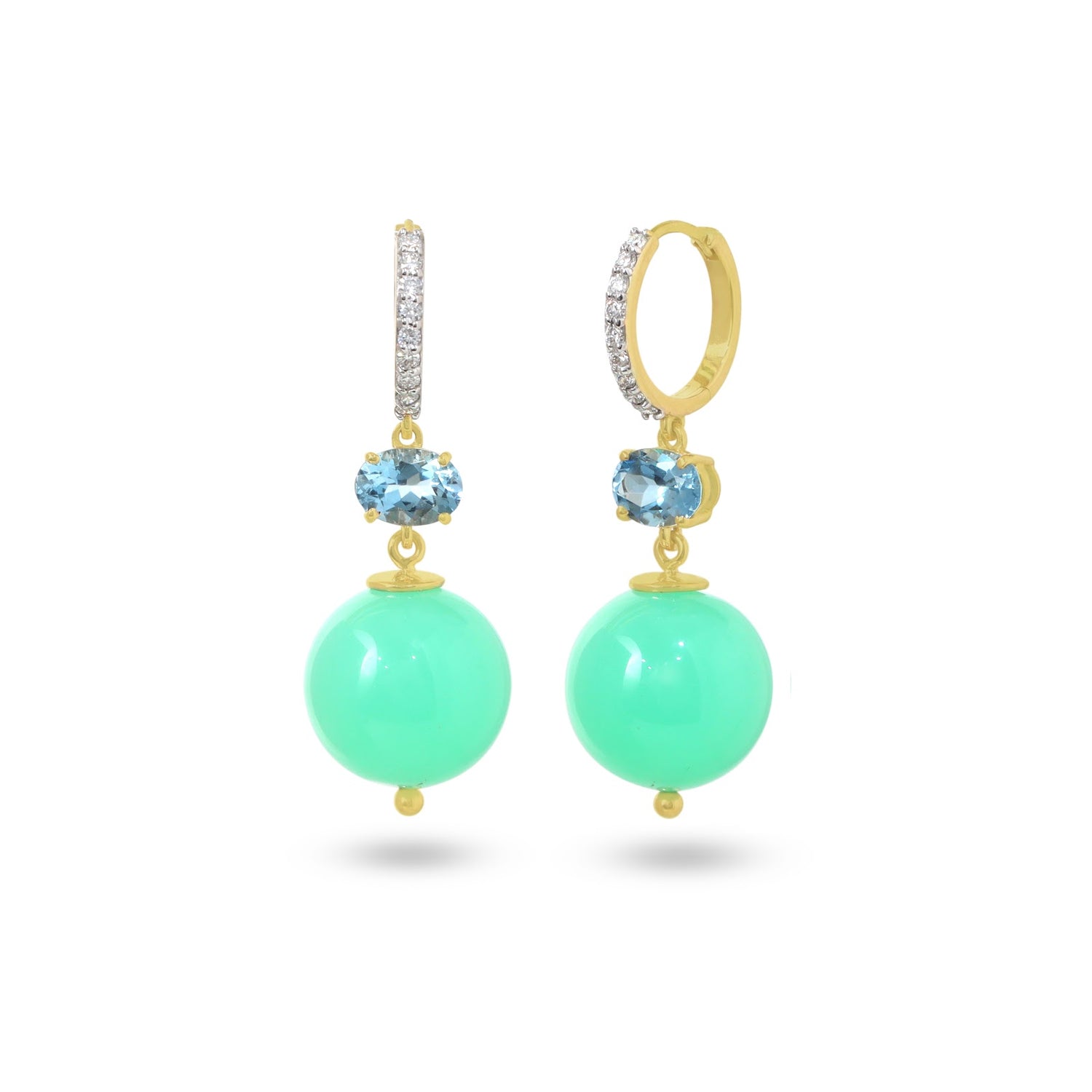 Chrysoprase bead drop earrings with aquamarine and pavé diamond hoops in 18K gold | Ulka Rocks