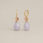 Blue Chalcedony Teardrop Earrings with Pink Tourmaline and Diamond in 14K Gold