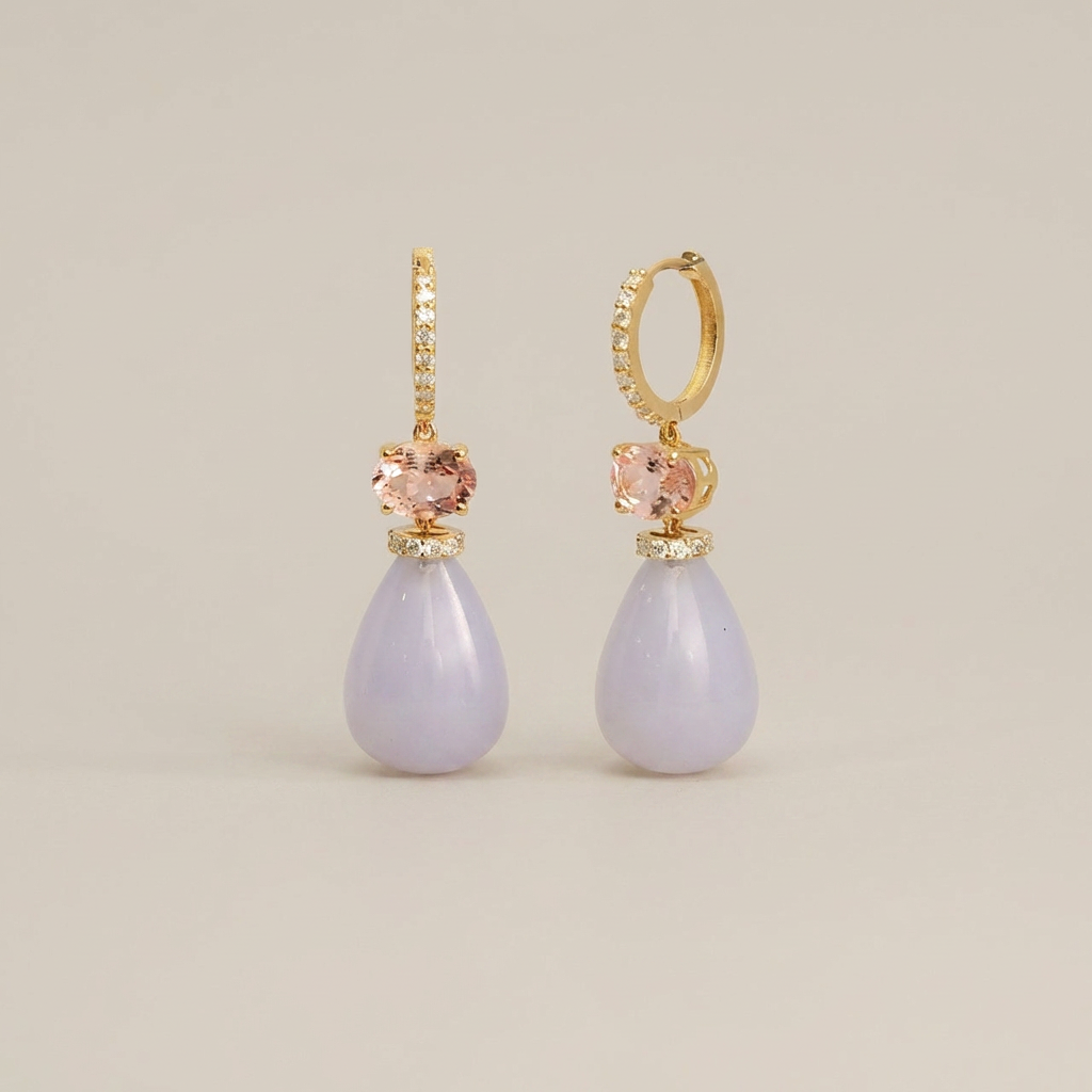 Blue Chalcedony Teardrop Earrings with Pink Tourmaline and Diamond in 14K Gold