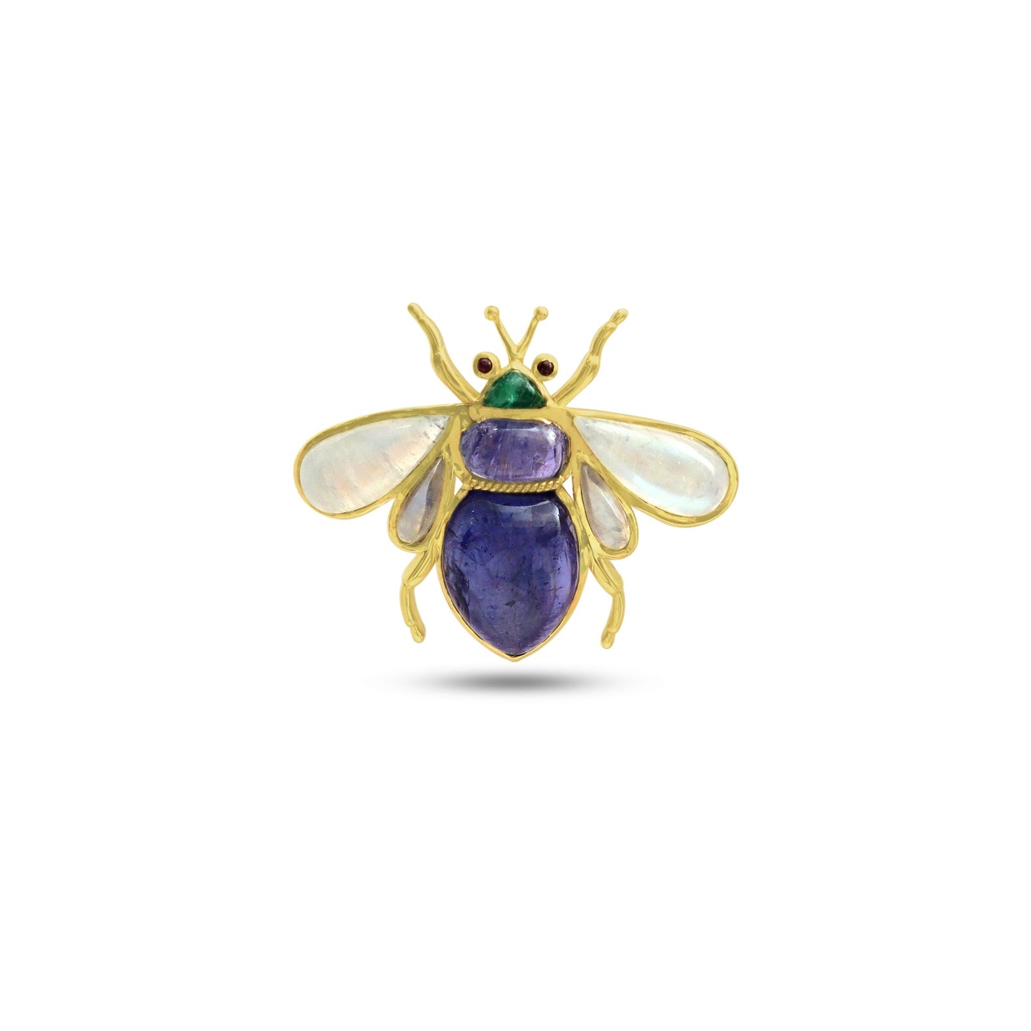 Tanzanite bee brooch with rainbow moonstone wings, emerald head, and garnet eyes in 14K gold | Ulka Rocks