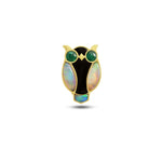 Stylized owl brooch with white opal wings, black onyx body, and emerald eyes in 14K gold | Ulka Rocks