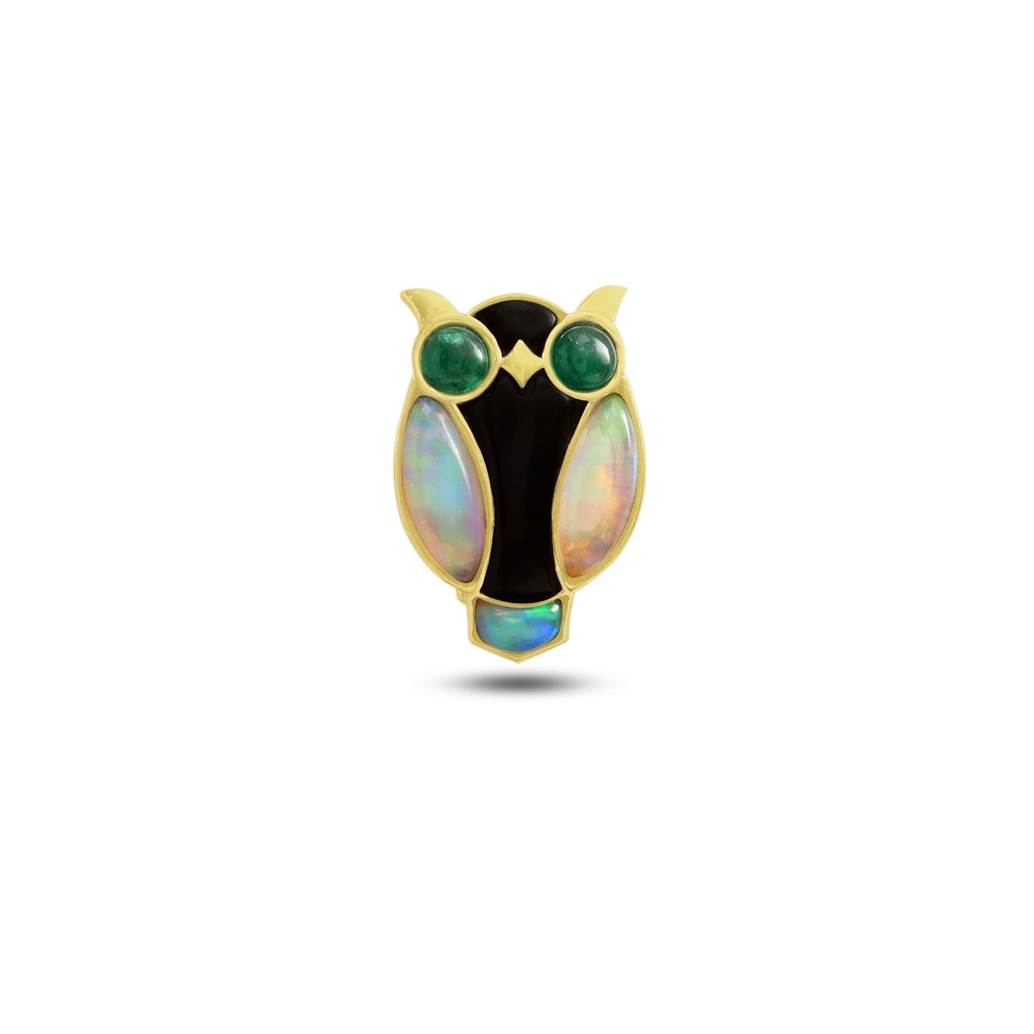 Stylized owl brooch with white opal wings, black onyx body, and emerald eyes in 14K gold | Ulka Rocks
