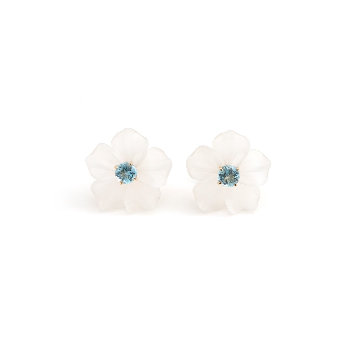 Carved crystal flower earrings with blue topaz centers in 14K gold | Ulka Rocks