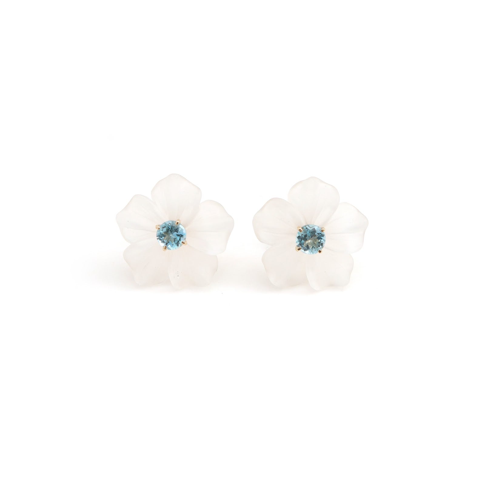 Carved crystal flower earrings with blue topaz centers in 14K gold | Ulka Rocks