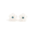 Carved crystal flower earrings with blue topaz centers in 14K gold | Ulka Rocks