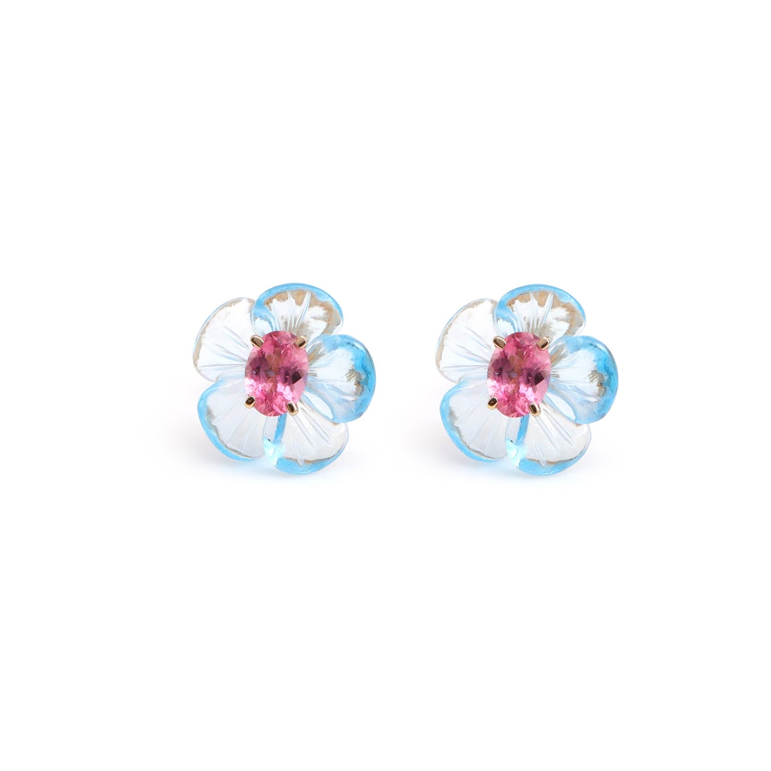 Carved blue topaz flower stud earrings with pink tourmaline centers in 14K gold | Ulka Rocks