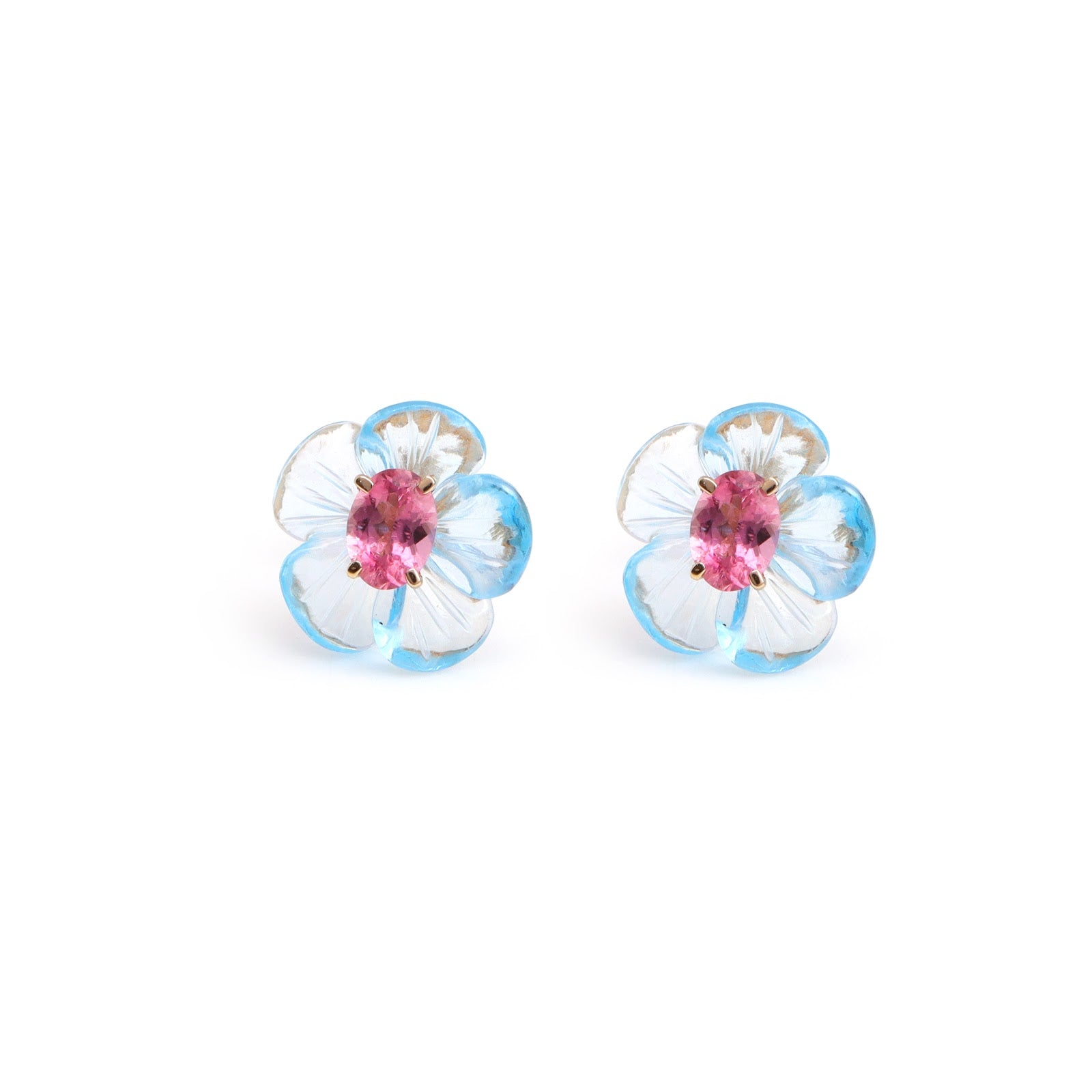 Carved blue topaz flower stud earrings with pink tourmaline centers in 14K gold | Ulka Rocks