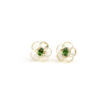 Carved rock crystal flower stud earrings with green tourmaline centers in 14K gold | Ulka Rocks