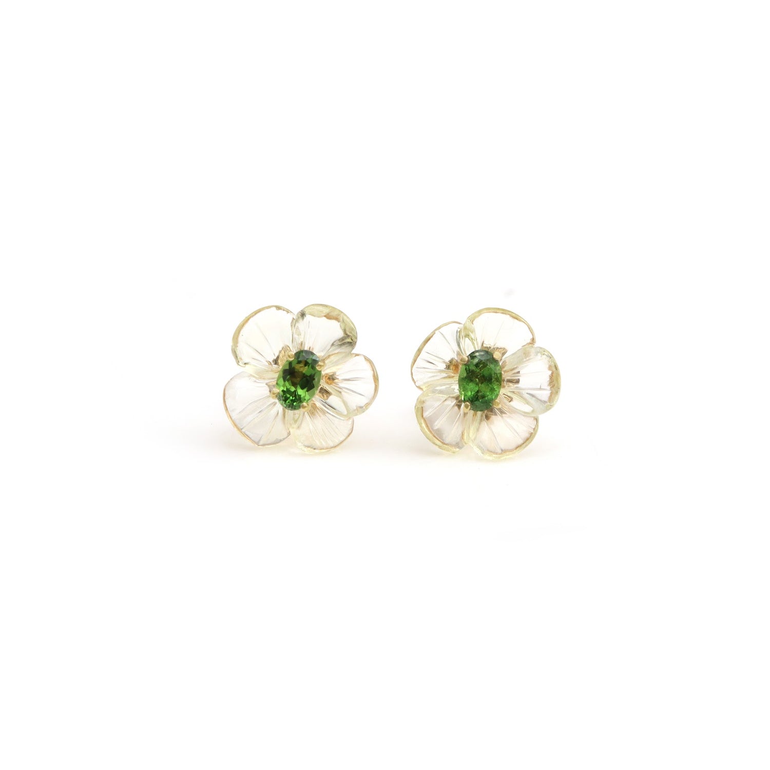 Carved rock crystal flower stud earrings with green tourmaline centers in 14K gold | Ulka Rocks