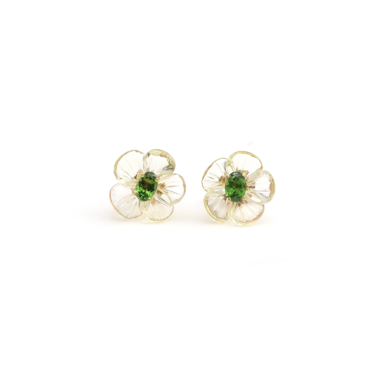Carved rock crystal flower stud earrings with green tourmaline centers in 14K gold | Ulka Rocks