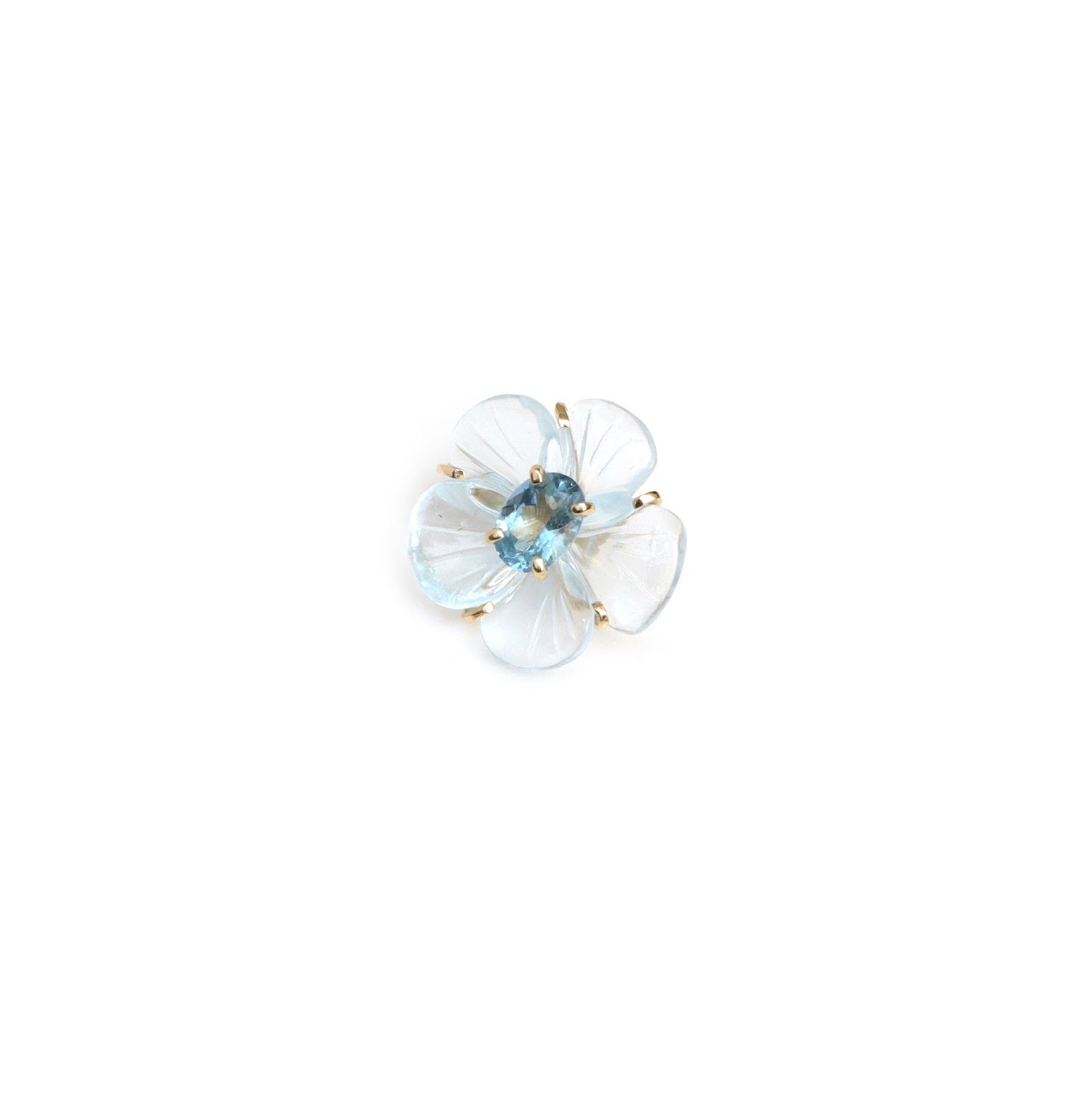 Carved crystal flower earrings with aquamarine centers in 14K gold | Ulka Rocks