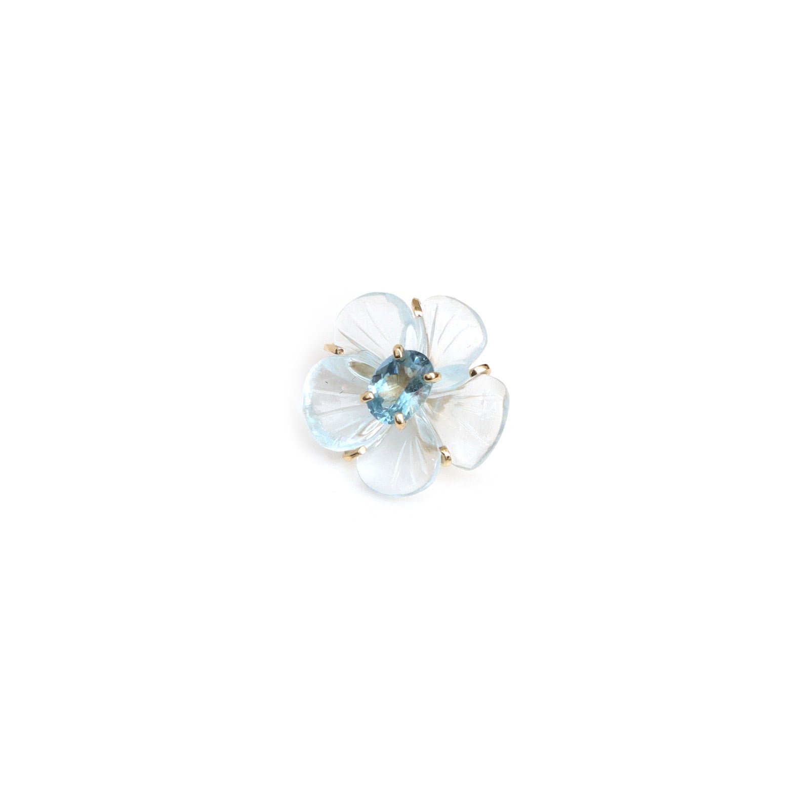 Carved crystal flower earrings with aquamarine centers in 14K gold | Ulka Rocks