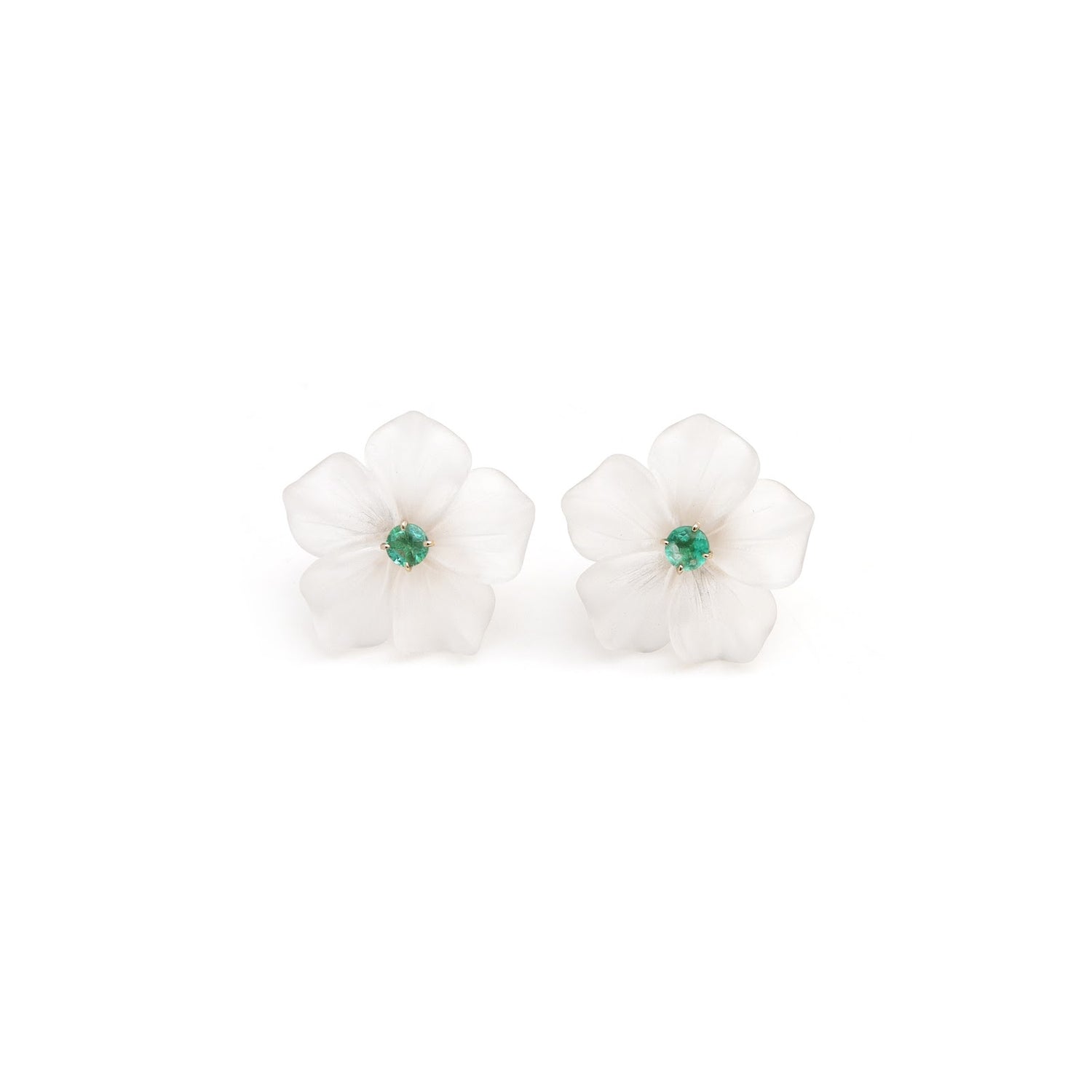 Carved crystal flower earrings with emerald centers in 14K gold | Ulka Rocks