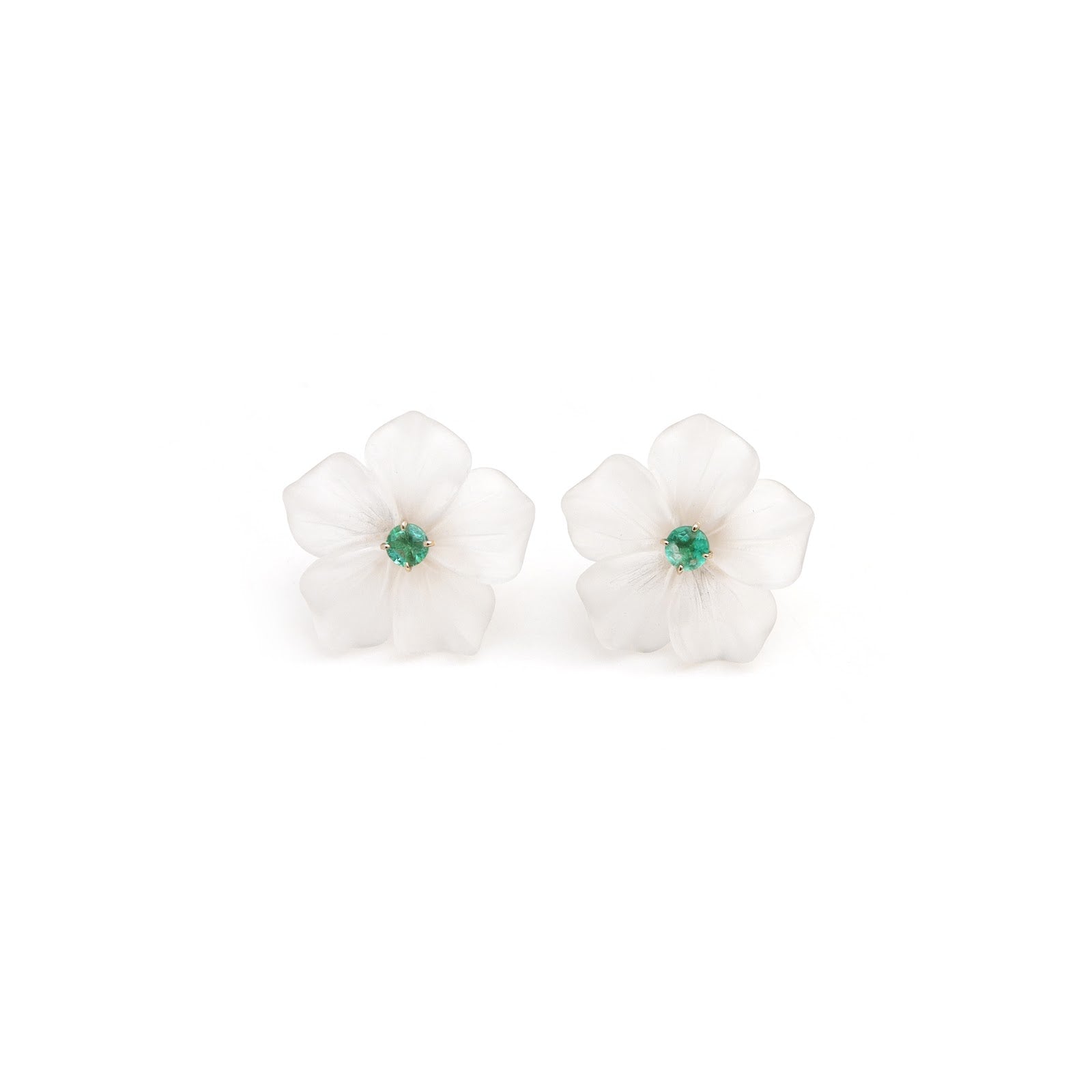 Carved crystal flower earrings with emerald centers in 14K gold | Ulka Rocks