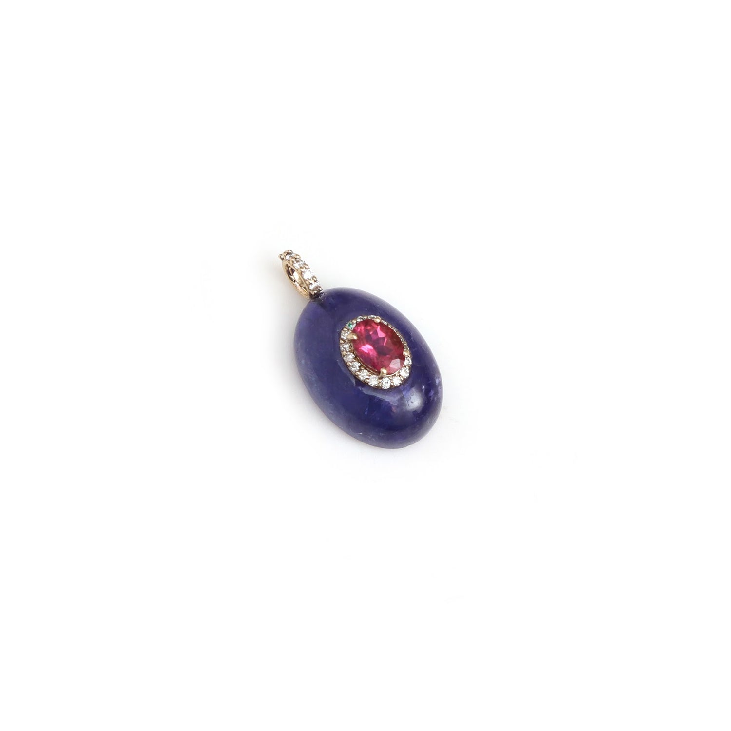 Oval tanzanite cabochon pendant with pink tourmaline and diamond halo in 14K gold | Ulka Rocks