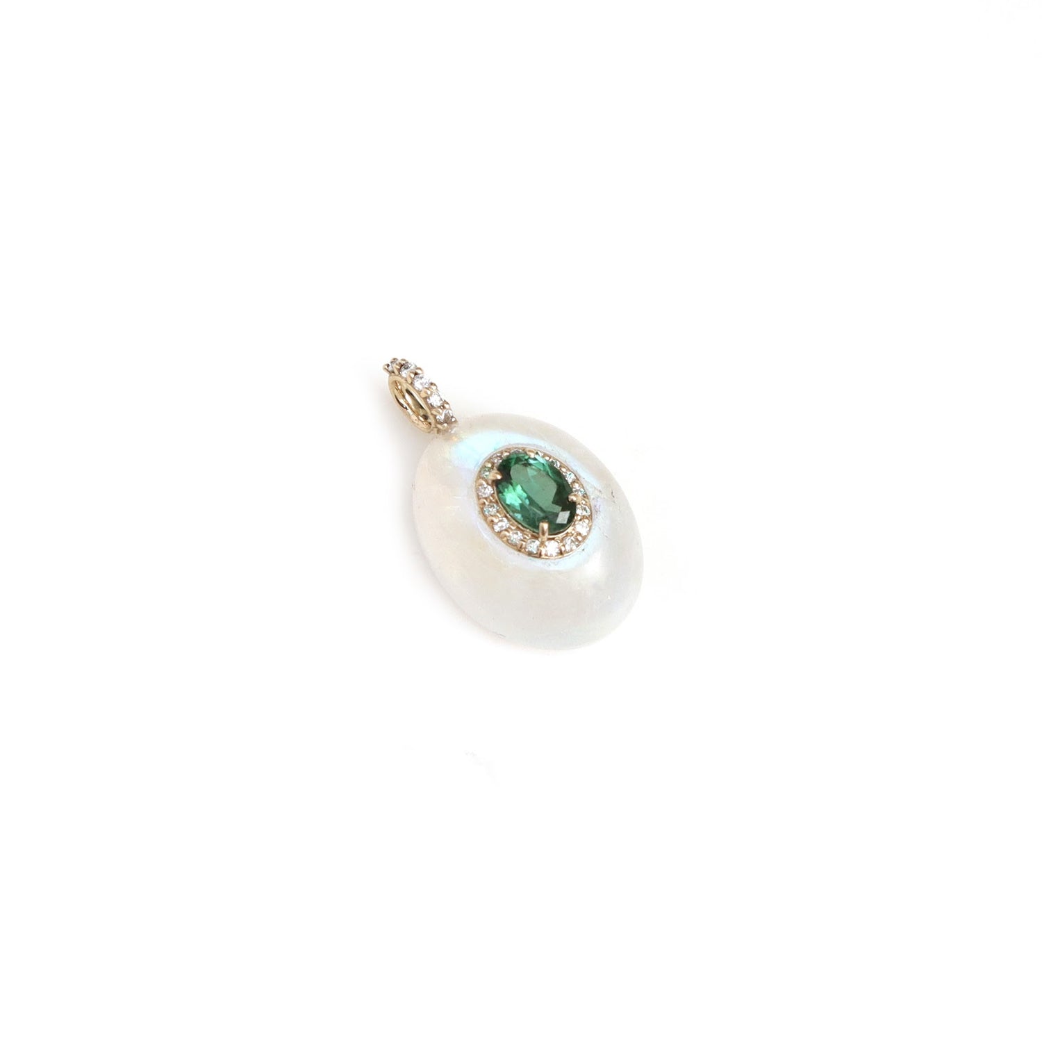Oval pearl pendant with emerald and diamond halo in 14K gold | Ulka Rocks