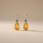 Carved citrine teardrop earrings with emerald and pavé diamond hoops in 14K gold | Ulka Rocks