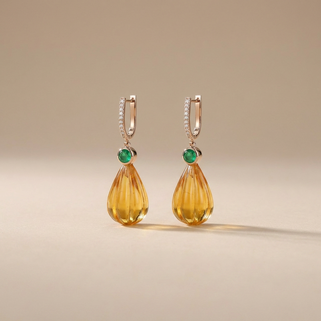 Carved citrine teardrop earrings with emerald and pavé diamond hoops in 14K gold | Ulka Rocks