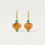 Carved citrine lantern drop earrings with emerald and diamond accents in 14K gold | Ulka Rocks
