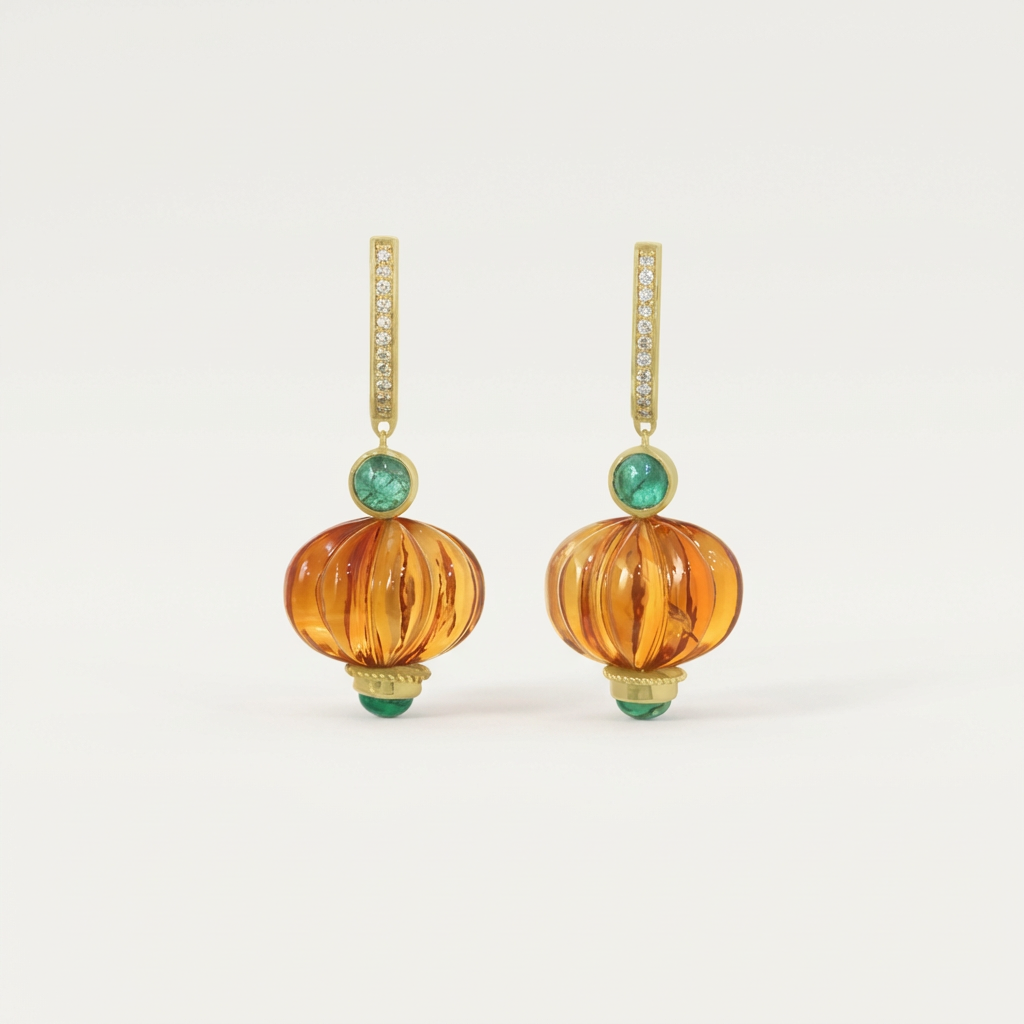 Carved citrine lantern drop earrings with emerald and diamond accents in 14K gold | Ulka Rocks