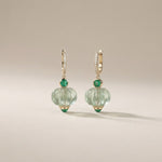 Carved green amethyst lantern drop earrings with emerald and pavé diamond hoops in 14K gold | Ulka Rocks