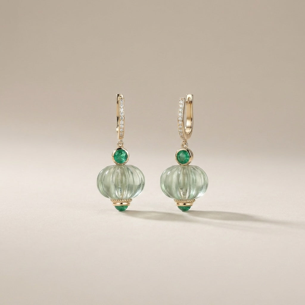 Carved green amethyst lantern drop earrings with emerald and pavé diamond hoops in 14K gold | Ulka Rocks