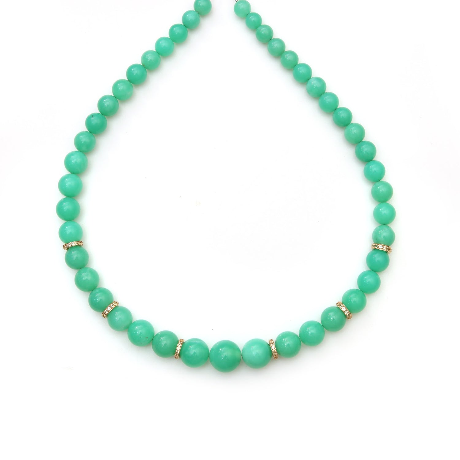 Graduated chrysoprase bead necklace with pavé rondelle accents in 14K gold