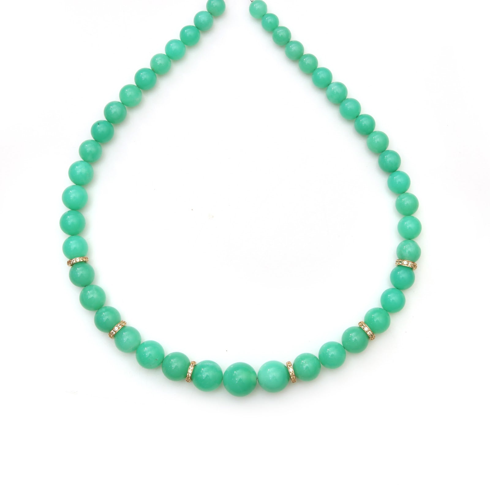 Graduated chrysoprase bead necklace with pavé rondelle accents in 14K gold