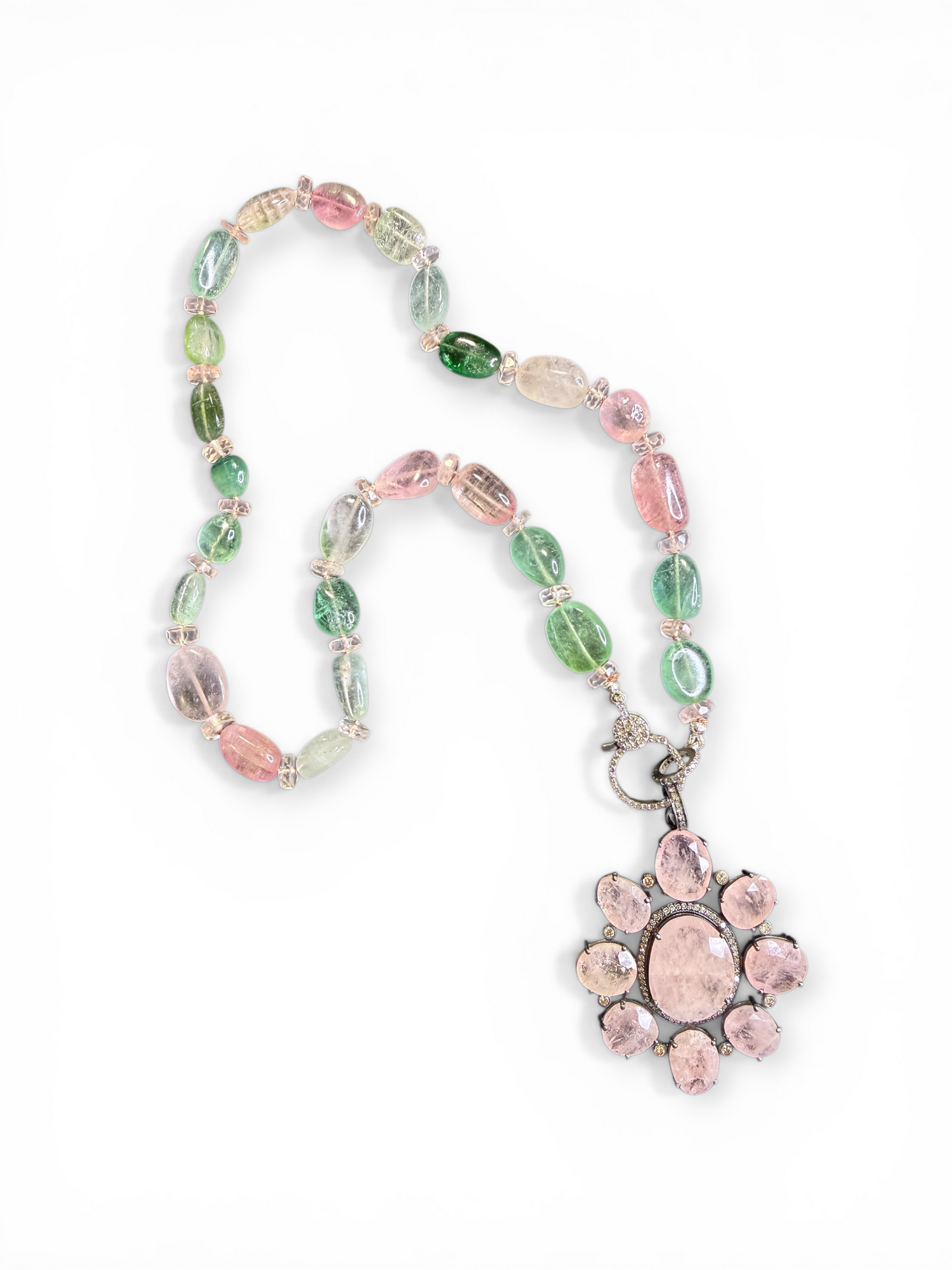 18" Afghan Tourmaline Necklace & Morganite Flower Pendant | Work to Play Jewelry | Feel Pretty and Unique