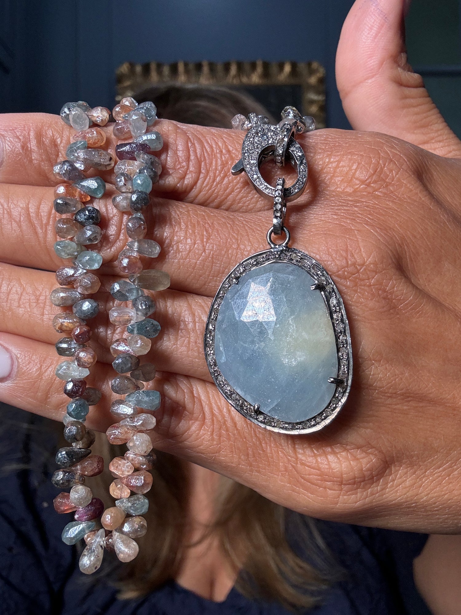16" Blue Sapphire & Zircon Necklace with Diamond Clasp & Pale Sapphire Pendant | Ulka Rocks