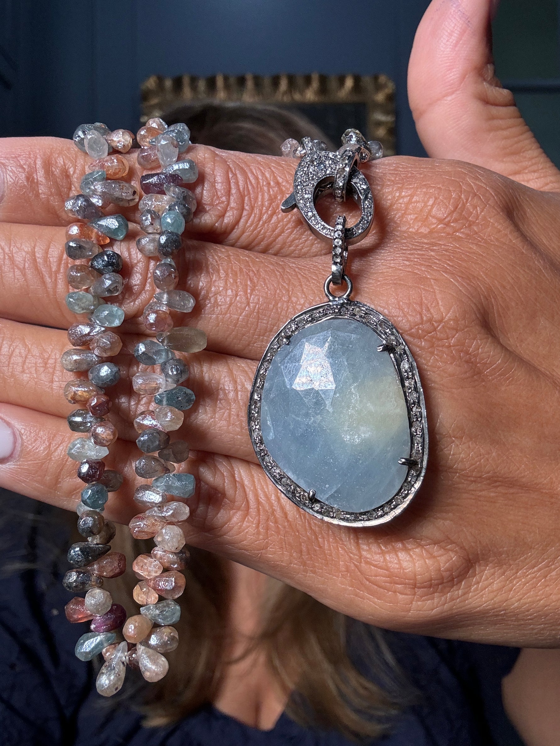16" Blue Sapphire & Zircon Necklace with Diamond Clasp & Pale Sapphire Pendant | Ulka Rocks