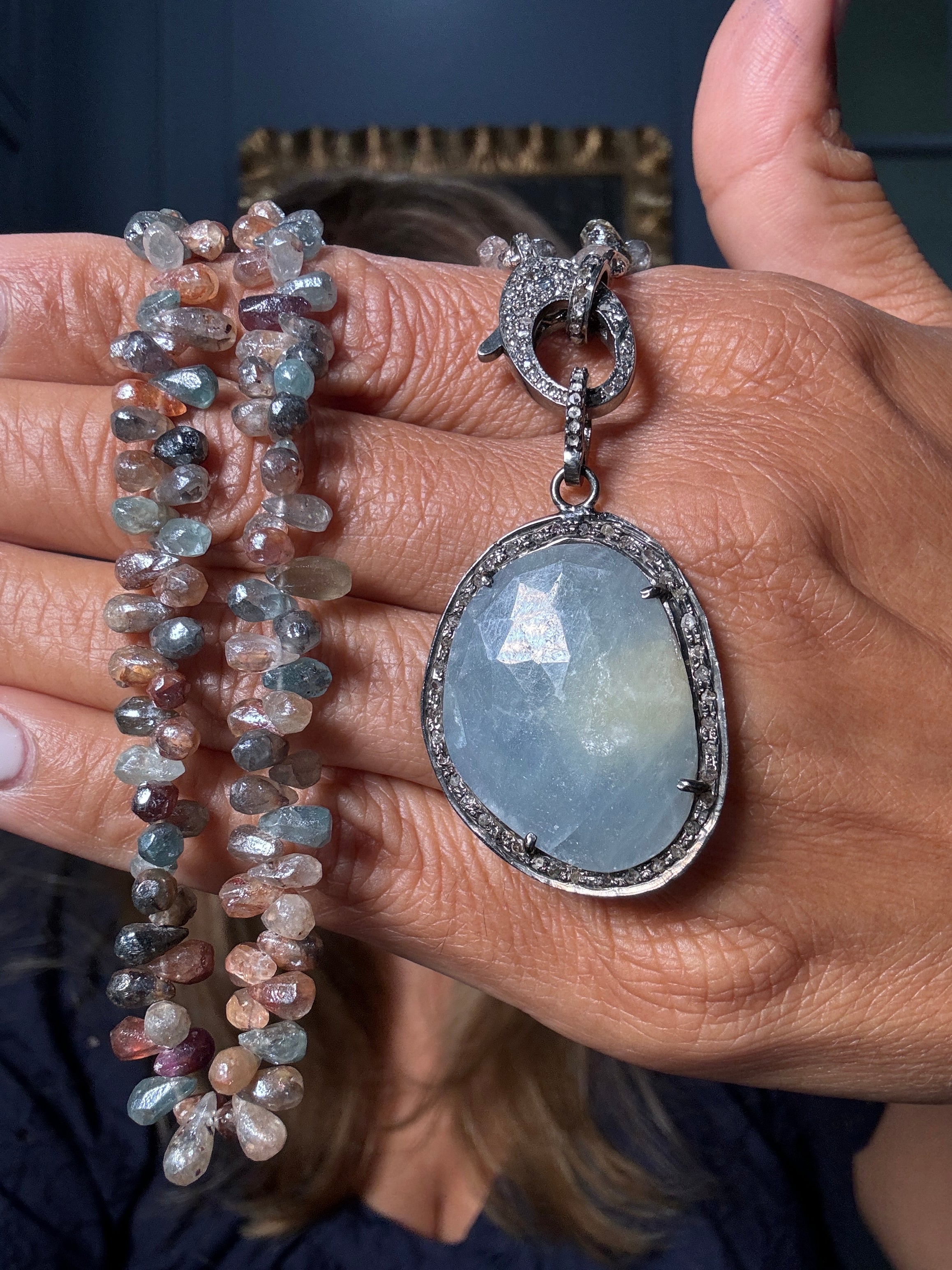 16” multicolor zircon and sapphire necklace with diamond-accented pale sapphire pendant — an Ulka Rocks design blending soft sparkle with refined neutrals.