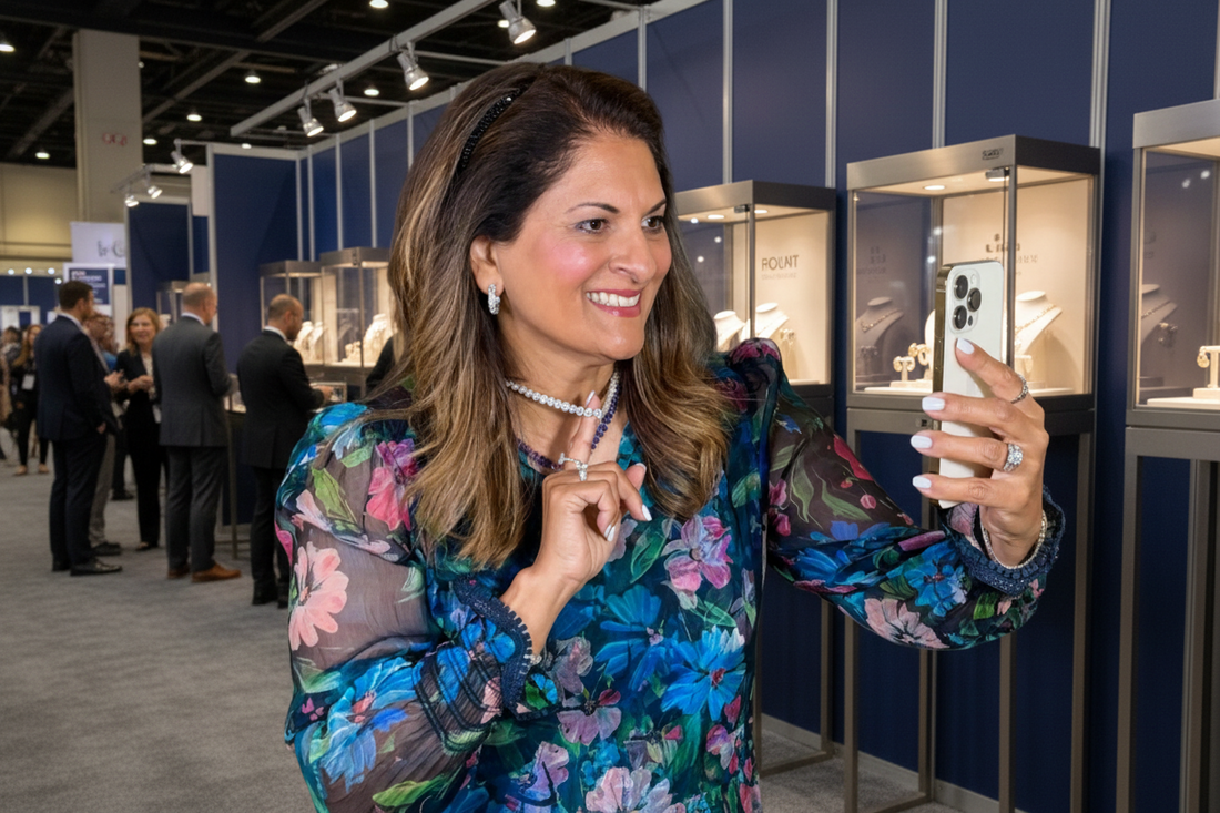 Woman in a floral dress taking a selfie at an event with blurred background