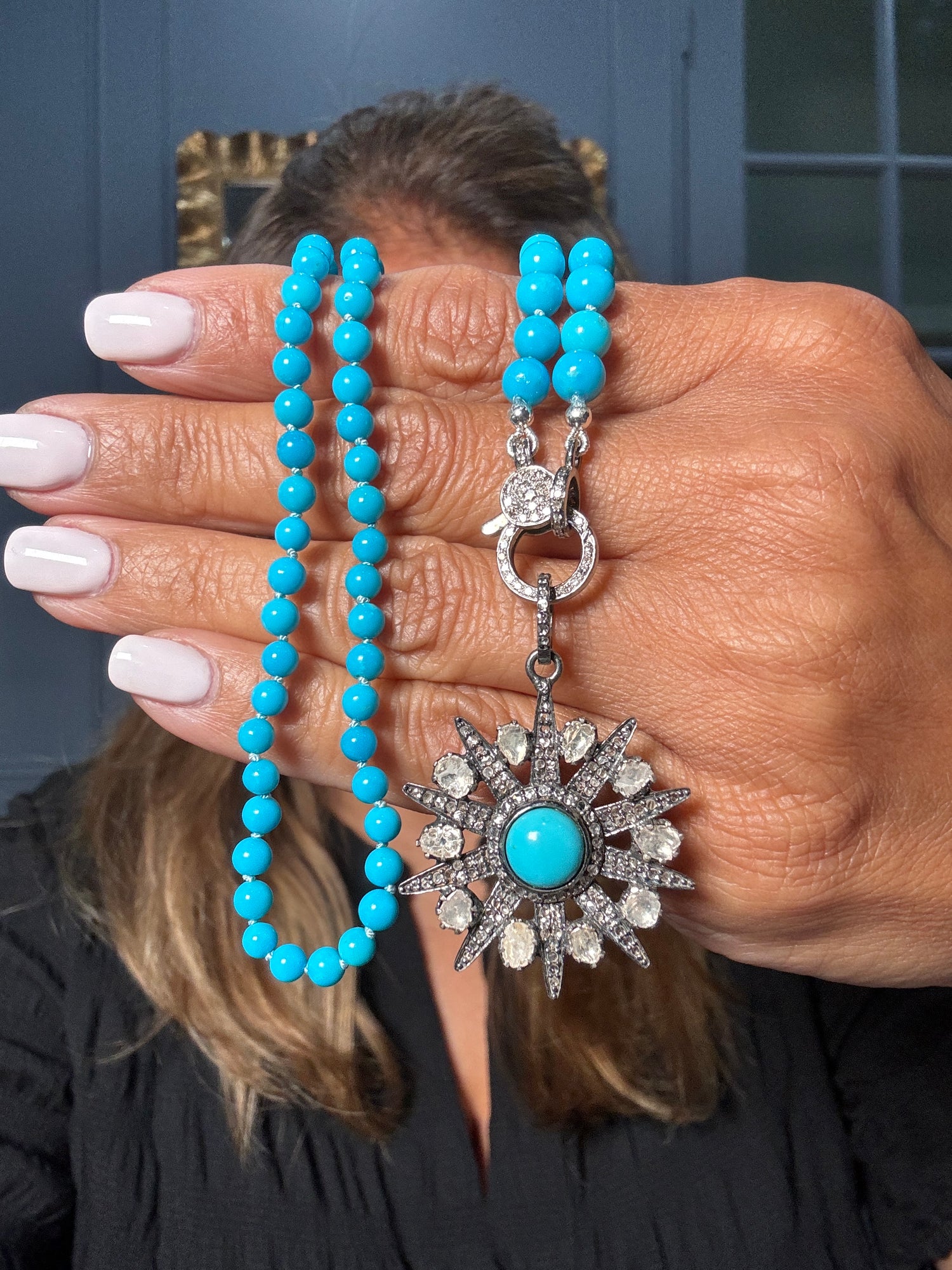 18" Blue Turquoise Necklace with Diamond Clasp & Starburst Turquoise and Rough Cut Diamond Pendant | Ulka Rocks