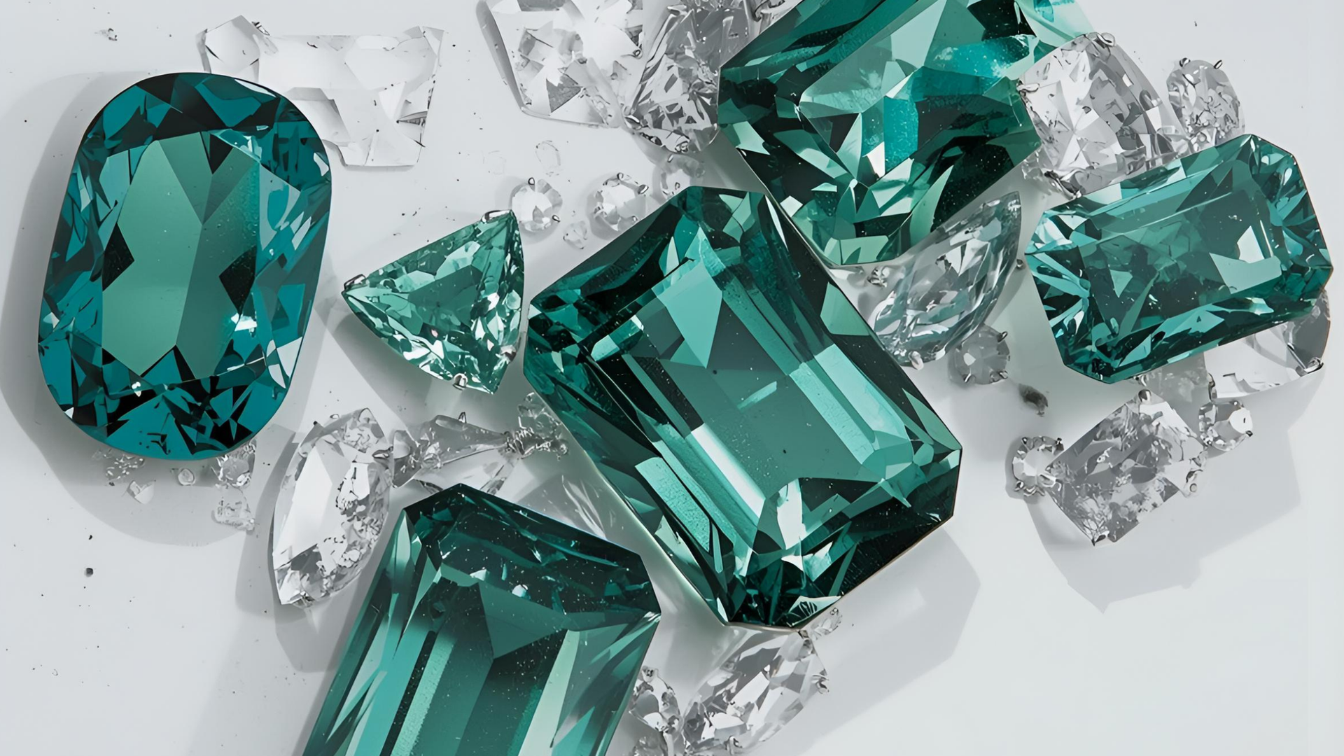 Teal gemstones on a white background with gem cut terminology