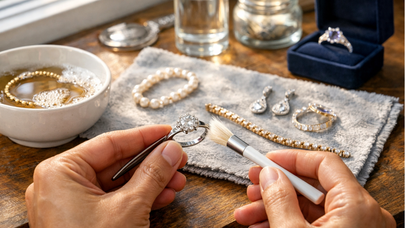 Expert jewelry care protocols showing professional hands examining luxury gemstone jewelry collections with colorful necklaces and investment-grade pieces on white display boards
