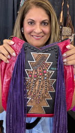 Heritage Brand Lyrik bag No. 1034, red leather with black tooled feather panel and purple fringe