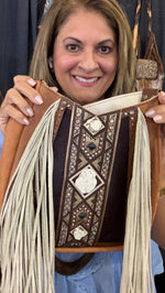 Heritage Brand Lyrik bag No. 771, tooled center stripe with white buffalo stones and cream fringe