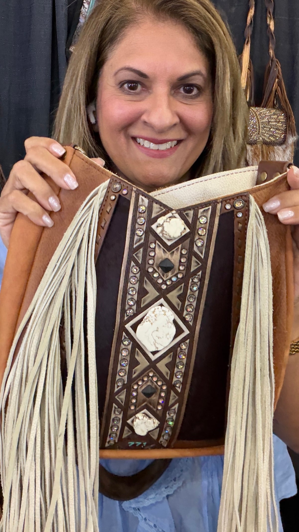 Heritage Brand Lyrik bag No. 771, tooled center stripe with white buffalo stones and cream fringe