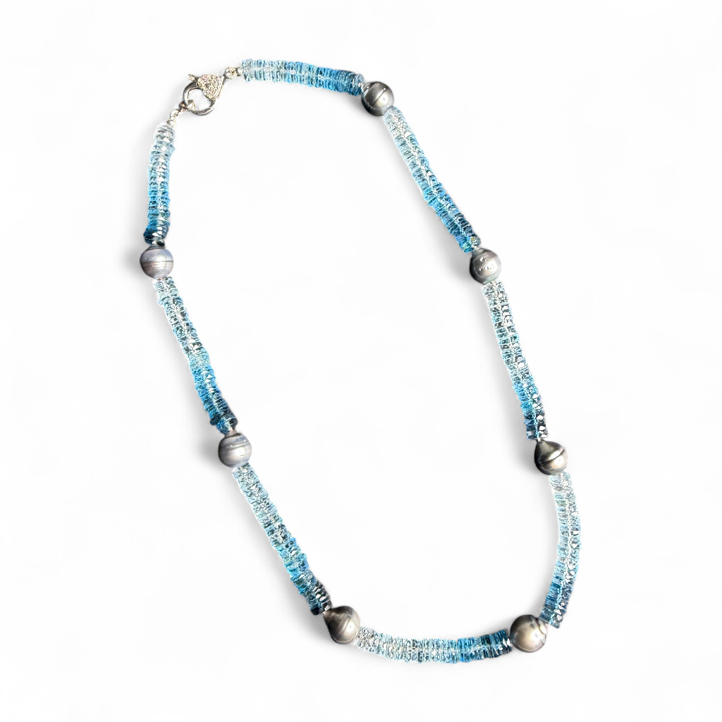 18" Blue Blue Topaz Heishi & Tahitian Pearl Necklace, Sterling Silver Pavé Diamond Clasp | Ulka Rocks