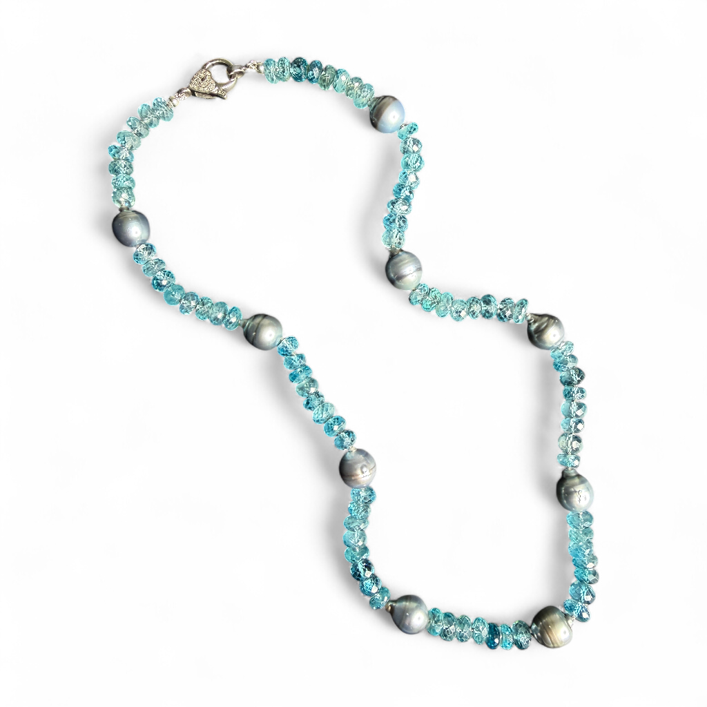 18" Rare Natural Blue Blue Zircon & Tahitian Pearl Necklace, Sterling Silver Pavé Diamond Clasp | Ulka Rocks