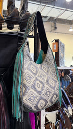 Heritage Brand bag No. 3818, cream Aztec embossed leather with turquoise fringe
