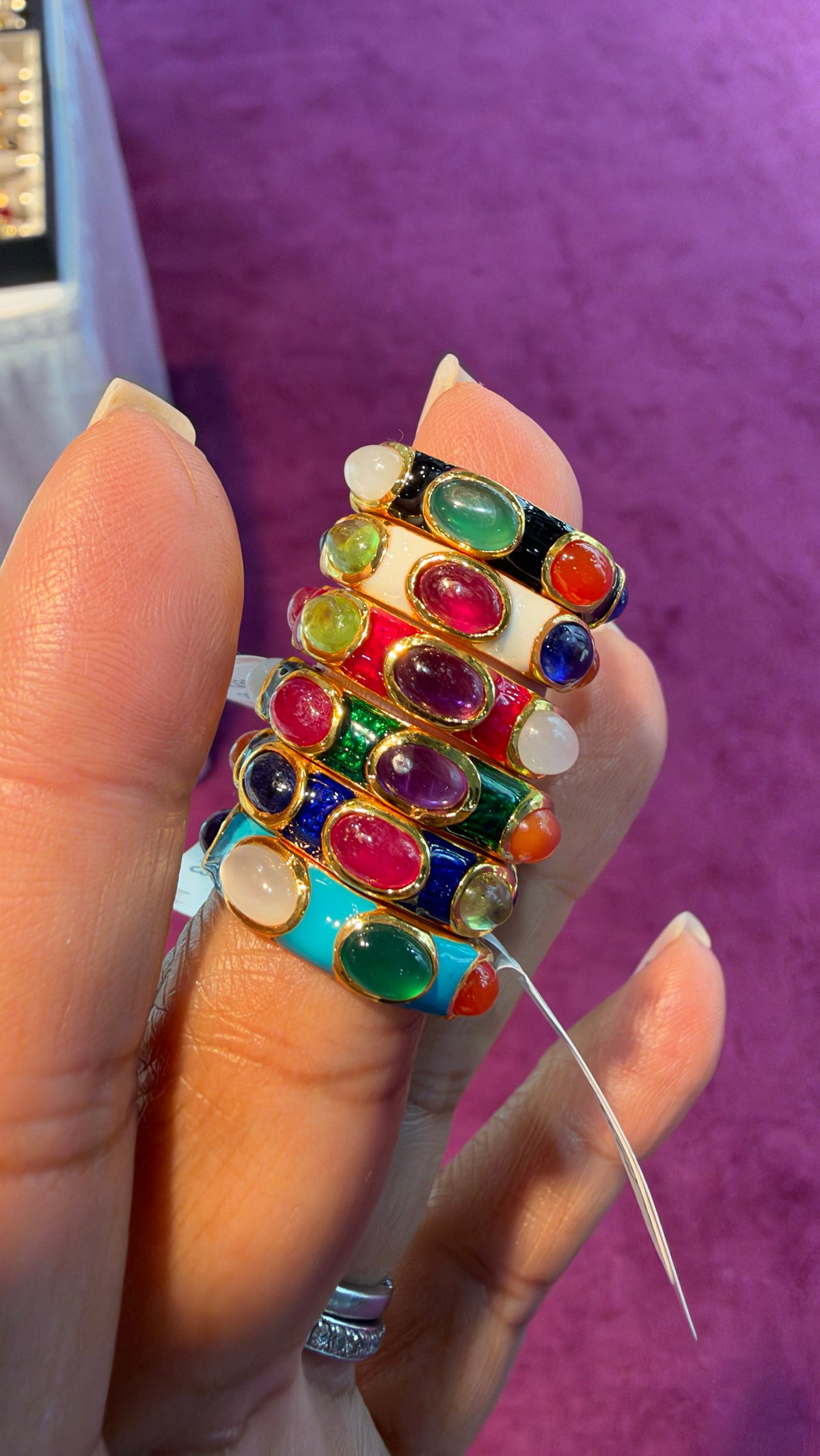 Gold micron enamel rings with oval cabochons, size 6.5, in Black, White, Red, Green, Navy Blue, Turquoise