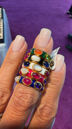 Gold micron enamel rings with oval cabochons, size 7.5, in Green, Black, White, Red, Navy Blue