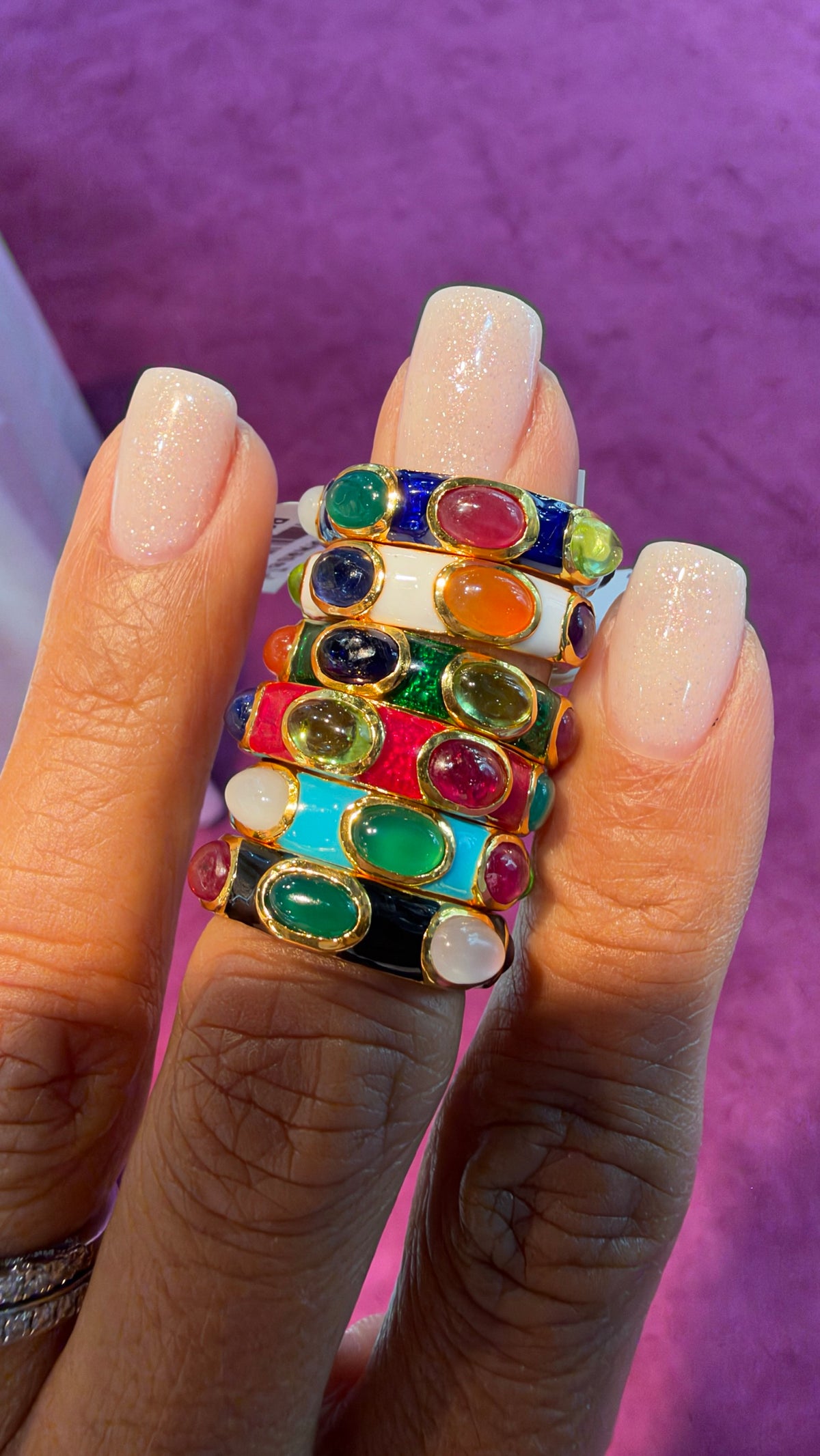 Gold micron enamel rings with oval cabochons, size 7, in Navy Blue, White, Green, Red, Turquoise, Black