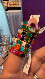 Gold micron enamel rings with oval cabochons, size 8, in Pink, Green, Black, Navy Blue, White, Turquoise, Red