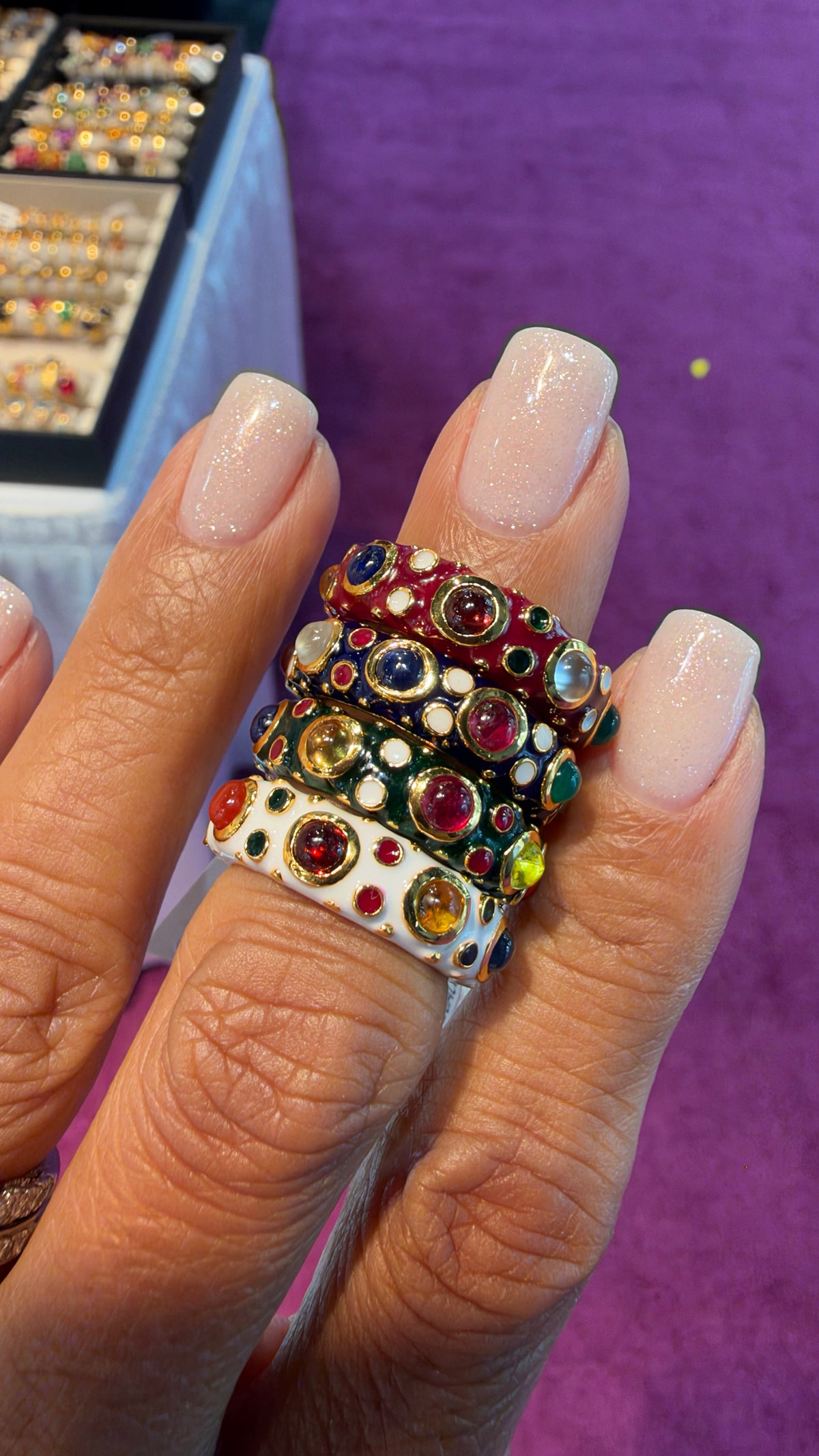 Gold micron enamel rings, size 6.5, in Red, Navy Blue, Green, White